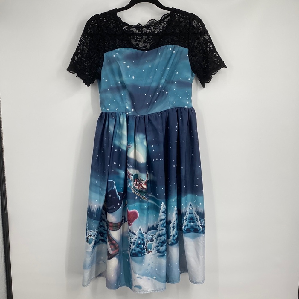 Christmas Santa Claus Snowman Black Lace Midi Dress